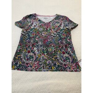 Talbots Shirt Womens XL Black Pink Paisley Print 3/4 Sleeve Cotton Tee Stretch